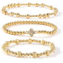 3pcs/Set Fashion Casual Copper Bead Bracelet, Clover Bracelet, Random Bead Sequence, Elastic Bracelet, Copper Bead Elastic Bracelet, Stackable Elastic Bracelet, 18K Gold Plated Copper Bead Bracelet, Waterproof And Fade-Resistant, Suitable For Sisters, Couples, Friends, Birthday, Christmas, Anniversary Gifts - Multicolor - View 8