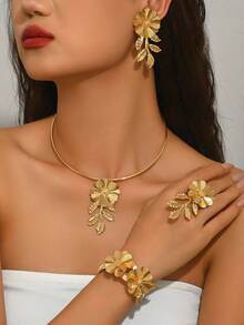 1 Set de 5 piezas Conjunto de joyería de metal con estampado floral bohemio de moda, adecuado para uso diario, playa, fiesta, banquete y festivales de música de mujeres - Dorado - Ver 1