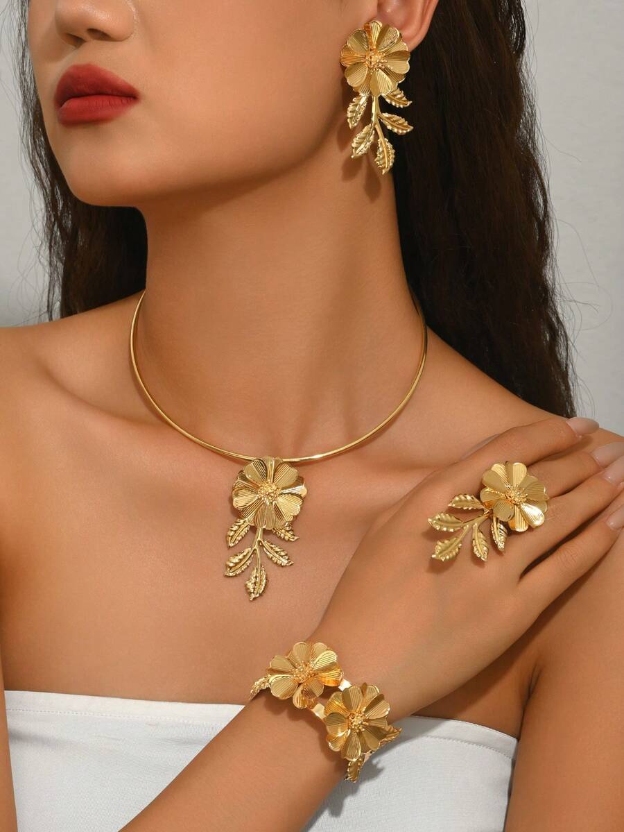 1 Set de 5 piezas Conjunto de joyería de metal con estampado floral bohemio de moda, adecuado para uso diario, playa, fiesta, banquete y festivales de música de mujeres - Dorado - Ver 1