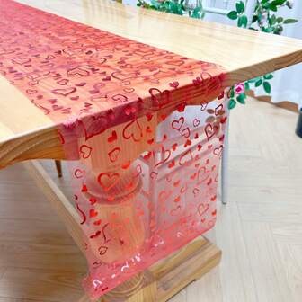 1pc Red Heart Shaped Table Runner, Modern Minimalist Sheer Long Fabric With Glitter, Double-Sided, Suitable For Romantic Valentine's Day, Wedding, Party Decoration