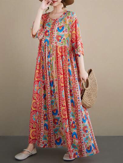 大码波西米亚风夏季长款连衣裙，A字圆领蝙蝠袖短袖梭织面料，带口袋，无弹力，优雅大方