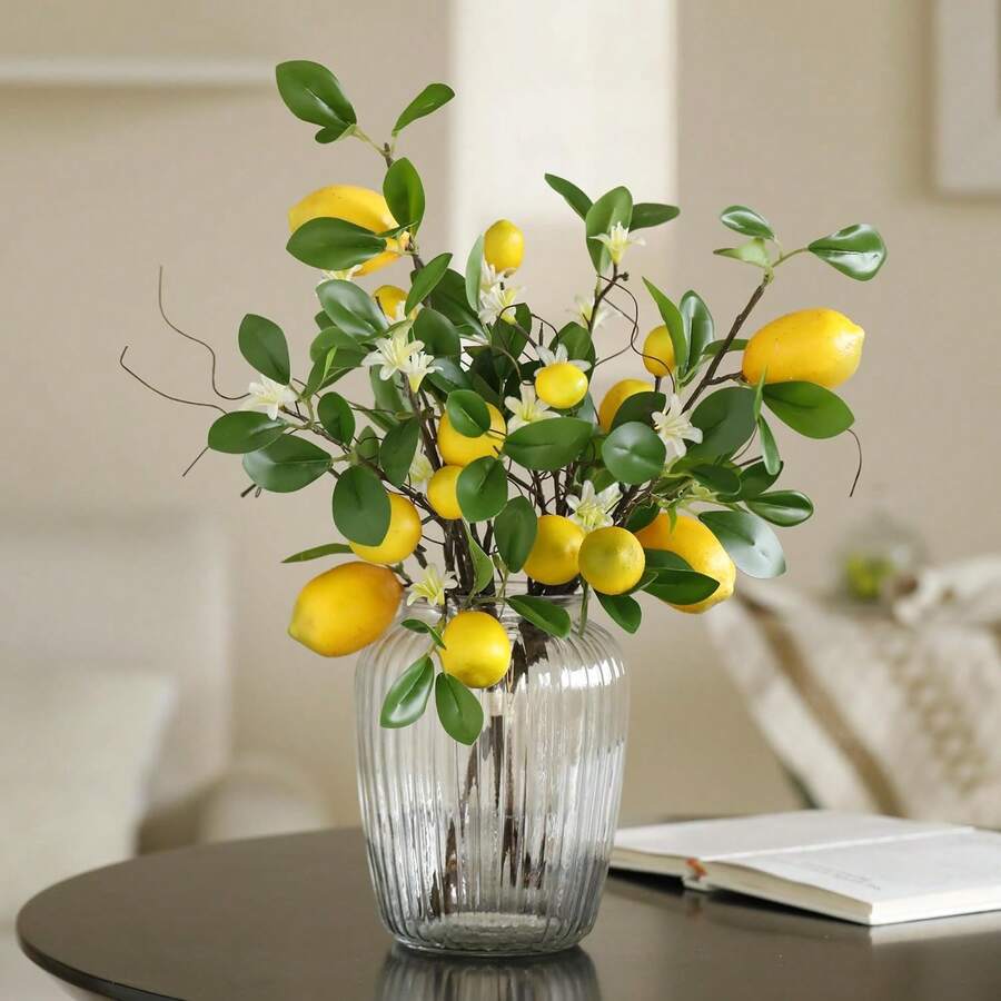 1/2 tallo de planta artificial, rama artificial de limón, 8 limones con tallo (falso), adecuado para decoración de cocina, decoración de fiestas, adorno de primavera y verano (amarillo)
