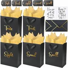 Bolsas de regalo con 5 sentidos de lmina dorada para l con etiquetas, sobres y tarjetas, bolsas de regalo con sonido de sabor tctil con de seda para cumpleaos, aniversario, da de la madre - negro - - Ver 2
