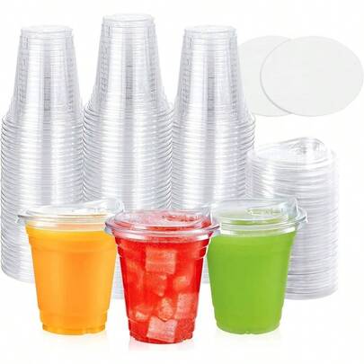 Mleepro Pack 12oz Reusable Transparent PET Plastic Cups With Lid And Leak Proof Paper, Standard Lidded Drinking Cups Wedding, Thanksgiving, And Parties