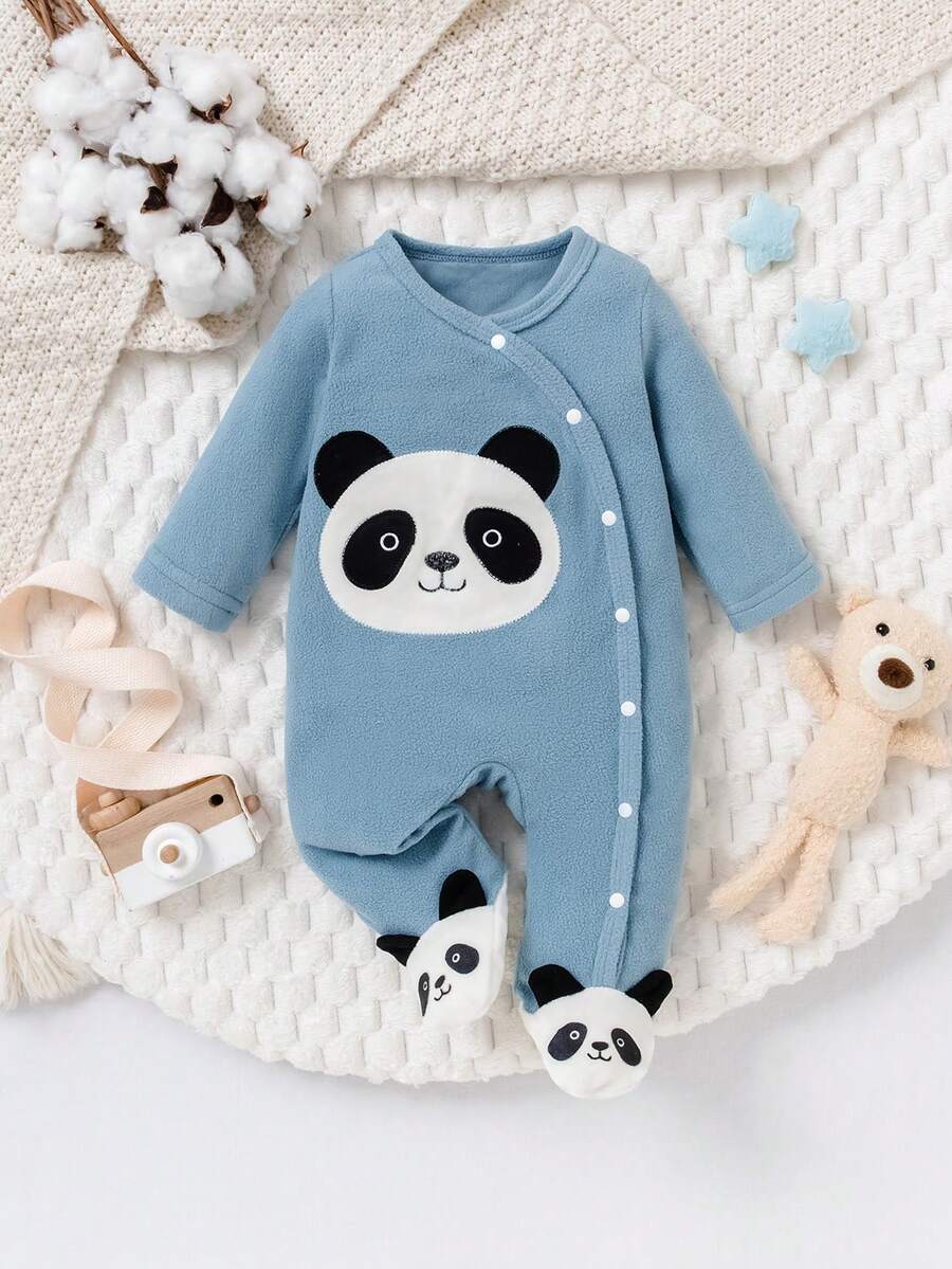 Niebieski kombinezon z nadrukiem pandy dla chłopców, zapinany na zamek, uroczy kombinezon z pandą - Niebieski - Zobacz 1
