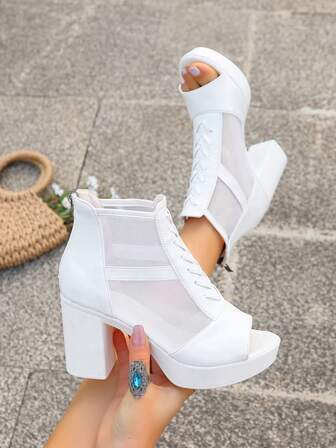 Botas de malla para el tobillo con tacón grueso y cómodo, con cremallera en la parte trasera y punta abierta, sandalias abiertas y sexys de moda