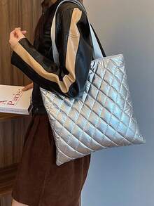 纯色、轻便、休闲、大容量、菱形刺绣图案单肩包、购物袋 - 銀色 - 查看 9