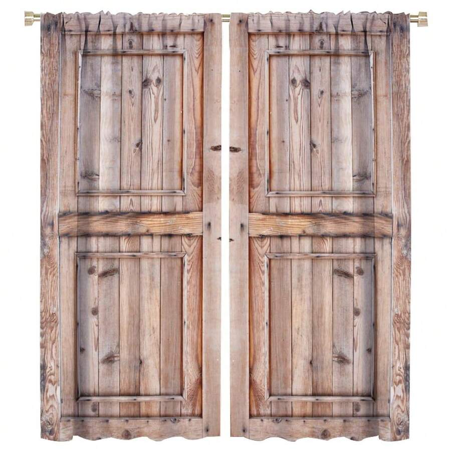 2Pcs Rustic Country Kitchen Curtains, Retro Farmhouse Vintage Barn Door Wooden Board Pattern Curtains For Kitchen Bathroom 28x40in - 5 - View 1