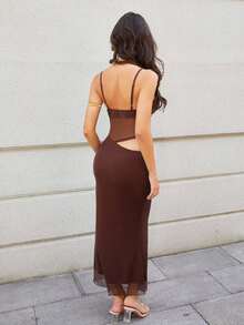 Halouya Women's Sexy Sheer Mesh Hollow Out Waist Fishtail Hem Spaghetti Strap Dress, Elegant For Beach, Date Night, Party - Brown - View 3