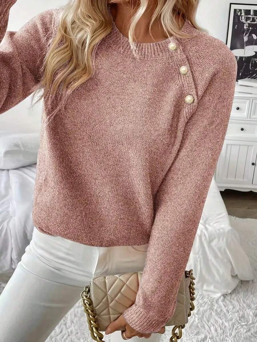 Oblique Button Crew Neck Soft Women Pullover Sweater, Solid Color Ribbed, Suitable For Everyday, Christmas, Valentine's Day, Spring/Autumn, Autumn/Winter - Coral Pink - View 1
