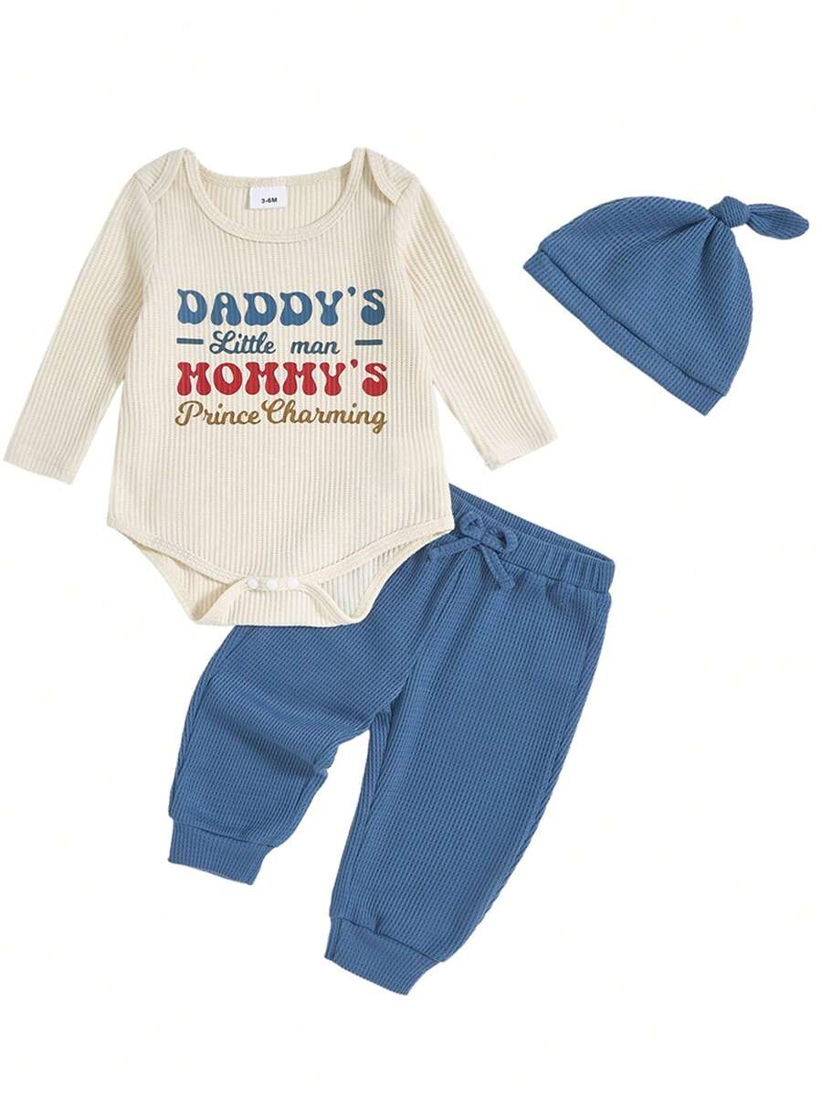 男婴休闲运动三件套：圆领长袖“爸爸的小男子汉”印花连体衣、华夫格纹蝴蝶结腰裤和柔软华夫格纹时尚帽子，秋冬季 - 霧霾藍 - 查看 1