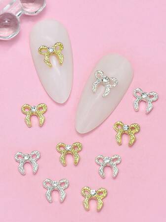 10 piezas Encantos de uñas de aleación 3D con brillantes de imitación en forma de lazo, suministros de uñas, decoraciones de arte de uñas 2025, regalo para niñas, accesorios versátiles para decorar uñas, estuches de teléfono, ropa, zapatos, bolsos y manualidades