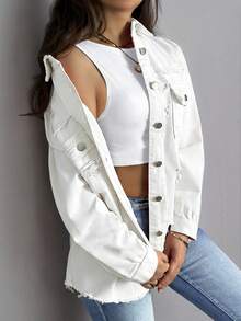 Women's Casual Ripped Distressed Pocket Denim Jacket, Spring/Autumn - White - View 3