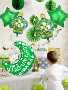 5pcs/Set Ramadan Balloon Set, Includes Eid Crescent Moon Lights, Islamic Foil Balloons, 18" Green Star Balloons, Suitable For Eid Al-Fitr Home Decor, Ramadan Theme Party Decorations, Ramadan Kareem, Ramadan Mubarak, Eid Mubarak, Eid Al-Fitr Party - Multicolor - View 5