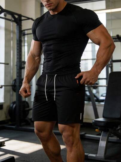 男士休闲舒适T恤短裤套装，采用透气面料，适合日常穿着、健身和跑步。