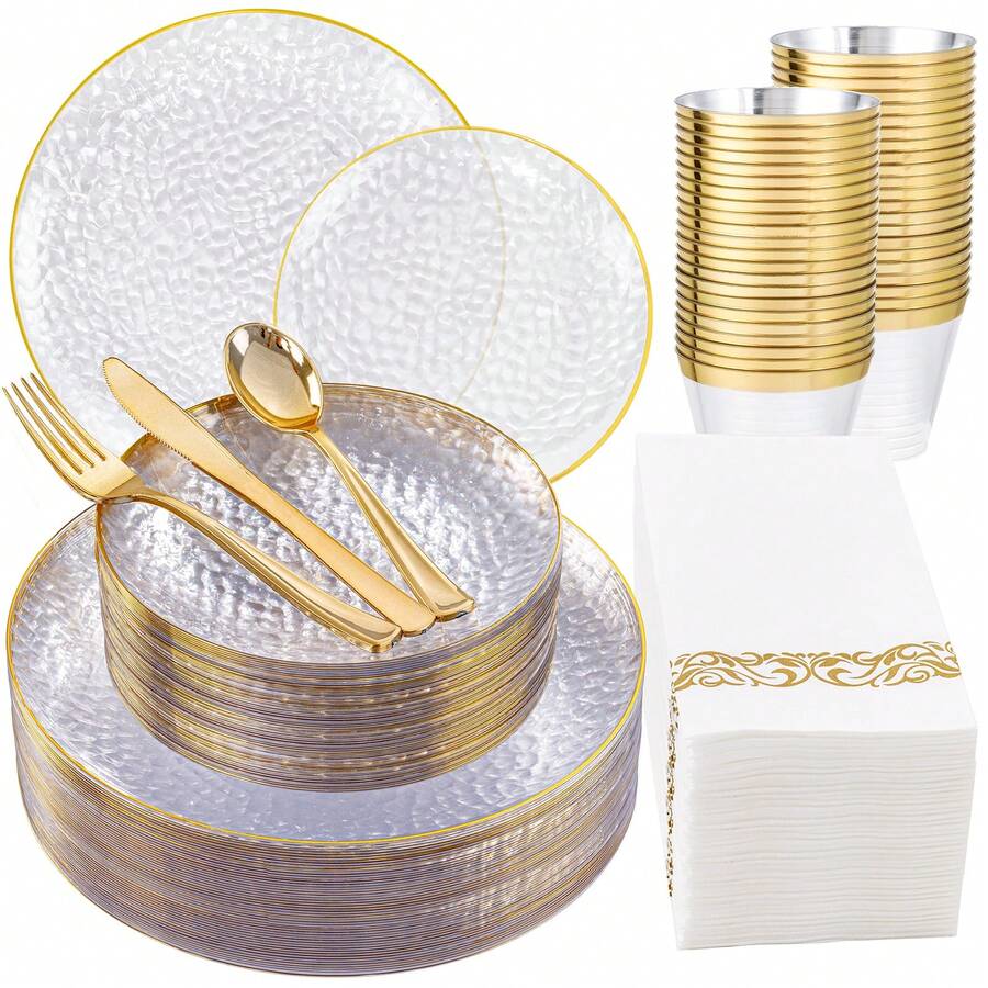 Zerulis 175pcs Clear Gold Plastic Plates, Fancy Plastic Dinnerware Set, Hammered Party Plates, Elegant Tableware Set Includes 25 Dinner Plate, 25 Dessert Plate, 25 Cups, 25 Napkins Perfect For Wedding & Party - 金色 - 查看 1