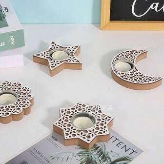 Wooden Candlestick In The Shape Of Stars And The Moon, Room Decoration, Living Room Table Candlestick.
