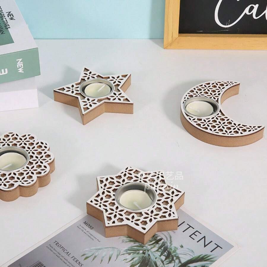 Candelabro de madera con forma de estrellas y luna, decoración de habitación, candelabro de mesa para sala de estar. - Multicolor - Ver 1