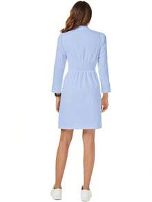 Solid Color Elegant Double-Breasted Front Dress, Fashionable And Graceful Uniform For Beauty Salons, Maternity Centers, Casual Outdoor Dress Spring - Medium Wash - View 5