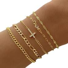 5pcs Elegant Cubic Zirconia Cross & Clover Decor Bracelet Set, Multi-Layer Stackable Bracelets For Women, Daily, Party Jewelry, Best Gift For Holidays (Random Bead Quantity) - 黃金五件套 - 查看 6