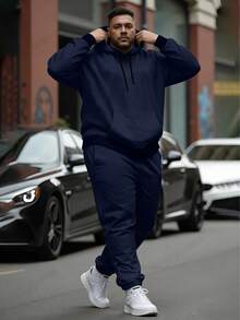 Plus Size Men's Solid Color Hoodie Sweater Set, Comfortable Fabric, Machine Washable, Plus Size Men's Clothing - Royal Blue - View 2
