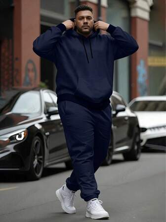 Conjunto de suéter con capucha para hombres de talla grande, de unicolor, tela cómoda, lavable a máquina, ropa para hombres de talla grande.