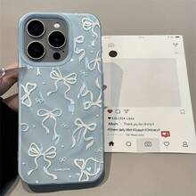 White Bow High-Grade Irregular Fold Meteorite Pattern Mobile Phone Case For IPhone 17 Air/16/15/14/13/12 Pro Max/14 15 16 17 Plus/17 16 15 14 11 12 13 Pro Large Hole Macaron Color Girly Non-Slip Soft Shell Anti-Fall Protective Cover - 藍色 - 查看 2