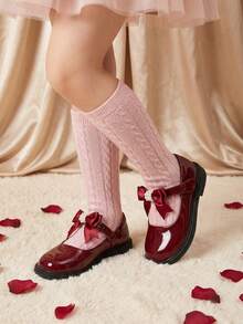 Girls' Mary Jane Shoes, Burgundy Patent Leather Pearl Bow, Soft Bottom Flat Shoes, Cute Princess Style For Toddler & Little Kid - Burgundy - View 9