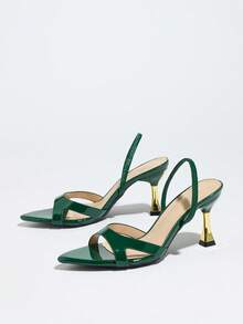 女士高跟鞋，时尚高端独特撞色酒杯鞋跟尖头亮面交叉绑带，高品质柔软镜面材质，性感优雅踝带，舒适透气，适合任何正式场合，橄榄绿百搭女士正式凉鞋，魅力高跟鞋 - 墨綠色 - 查看 7