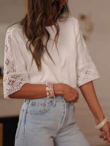 女士时尚休闲优雅日常穿搭约会简约纯色刺绣拼接镂空圆领短袖T恤，舒适面料，新款春夏上衣 - 白色 - 查看 5