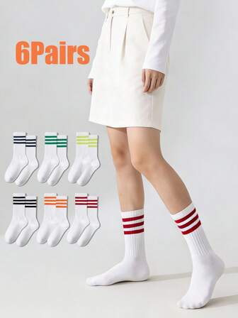 6 Pairs Colorful Vertical Striped Mid-Calf Socks, Autumn/Winter