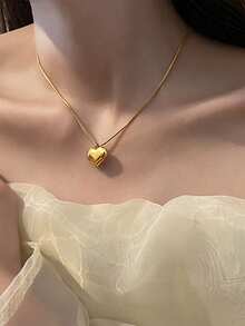 1件优雅18K镀金不锈钢光滑心形项链，女士首饰，适合日常佩戴，生日礼物/约会/派对礼物 - 金黃色 - 查看 3