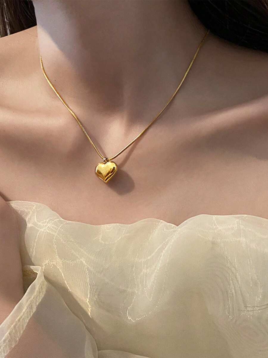 1件优雅18K镀金不锈钢光滑心形项链，女士首饰，适合日常佩戴，生日礼物/约会/派对礼物 - 金黃色 - 查看 1