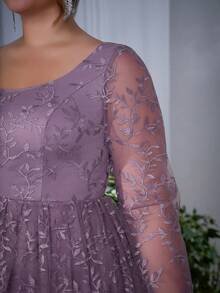 方领长袖刺绣蕾丝连衣裙，前短后长。 - 淺灰紫 - 查看 6