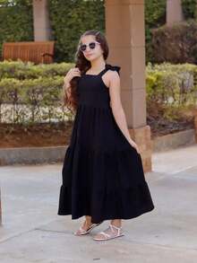 Girls' Long Three-Tiered Dress With Straps | Duna Fabric | Elastic Back | Sizes 12 To 16 - 黑色 - 查看 2