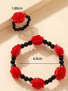2pcs Red Rose Beaded Bracelet & Ring Set, Suitable For Daily Wear And Gift - Multicolor - View 4