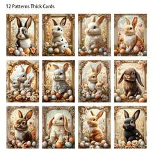 52pcs Vintage Easter Rabbit Postcard Set (12 Cards+40 Sealing Stikers) Bunny Easter Themed With Colorful Egg, Bascket. Patterns Suitble For Holidy Decor Flag, DIY Craft, Album Decor, Greeting Cards - Khaki - View 3