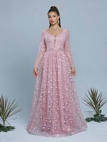 Anpoket U-Neck Embroidered Lace Long Sleeve Beaded Lace High-End Evening Dress - Pink - View 3