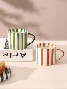 Zestaw 3 klasycznych ceramicznych filiżanek do kawy w paski, spodków i talerzyków, minimalistyczne kubki w stylu retro, skandynawskie, odpowiednie do latte, kawy, matchy, herbaty, kawy arabskiej, duża pojemność amerykańskiej filiżanki do kawy, świetny prezent dla przyjaciół i rodziny - Wielokolorowe - Zobacz 8