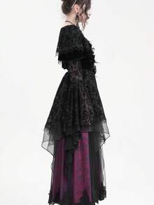 Đầm Gothic cổ chữ V tay loe buộc dây, chất liệu tương phản, họa tiết hoa màu tím. - màu đen - Xem 4