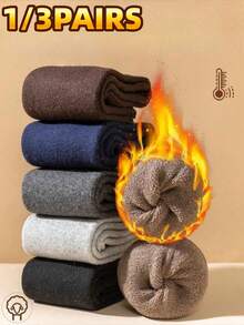 1/3 Pairs Of Men's Calf Socks,Plush Lined Snow Socks Towel Socks,Knee-High Socks With Moisture Wicking & Odor Control, Thickened And Plush Super Thick Socks, Men's Long Socks, Solid Business Men's Socks, Warm And Soft,Suitable For Autumn And Winter Seasons