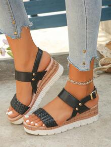Women's Woven One-Piece Buckle Strap Comfortable Lightweight Platform Wedge Heel Sandals, Fashion Black Wedge High Heels, Vacation Style, Suitable For Daily Wear, Black Platform Sandals, Elegant Women Shoes - Black - View 5