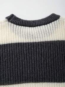 Men's Colorblock Striped Crew Neck Pullover Sweater, Minimalist High Street Style, Autumn/Winter - 灰色 - 查看 9