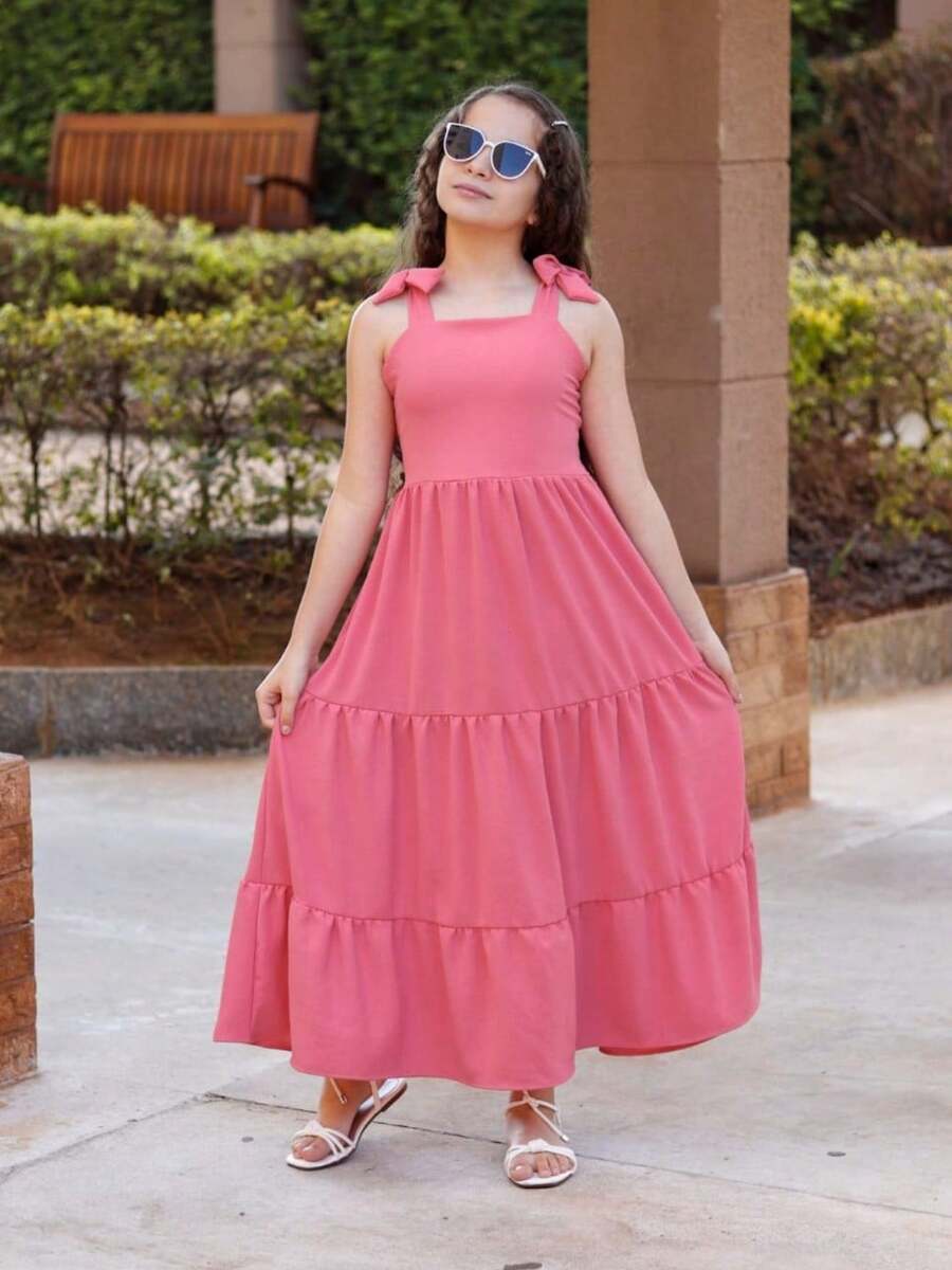 Girls' Long Three-Tiered Dress With Straps | Duna Fabric | Elastic Back | Sizes 12 To 16 - 珊瑚粉 - 查看 1