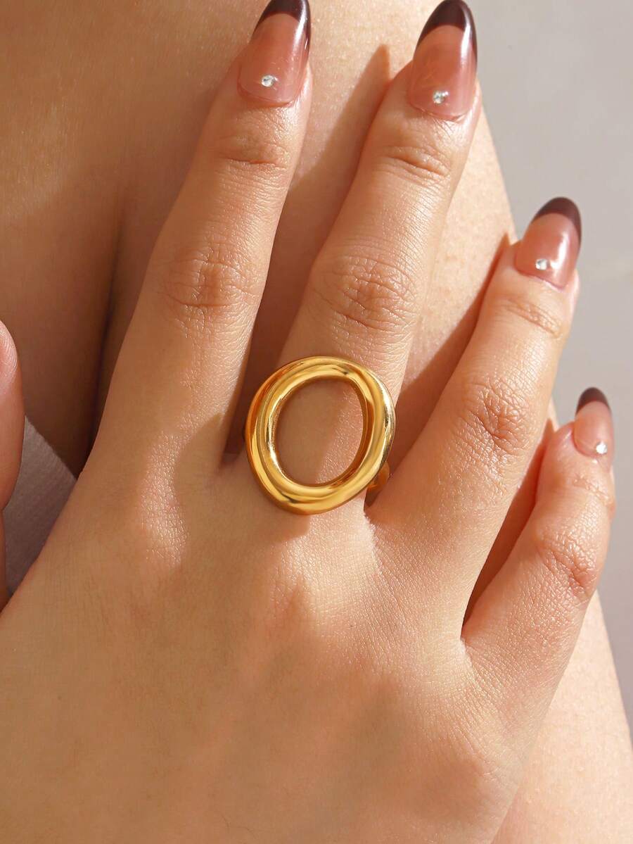 1 chiếc nhẫn hình bầu dục mạ vàng 18K bằng thép không gỉ tối giản, phù hợp để đeo hàng ngày cho phụ nữ - Nhiều màu - Xem 1