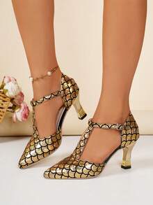 Gold Pointed Toe Hollow Out Sandals, Fish Scale Print High Heels For Women, Fashionable Festive Shoes For Wedding - Gold - View 3