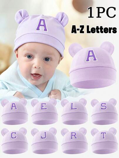 1顶婴儿薄款紫色26字母双耳针织帽，可爱熊耳造型防护帽，适合0-3个月新生儿，柔软透气舒适，四季皆宜