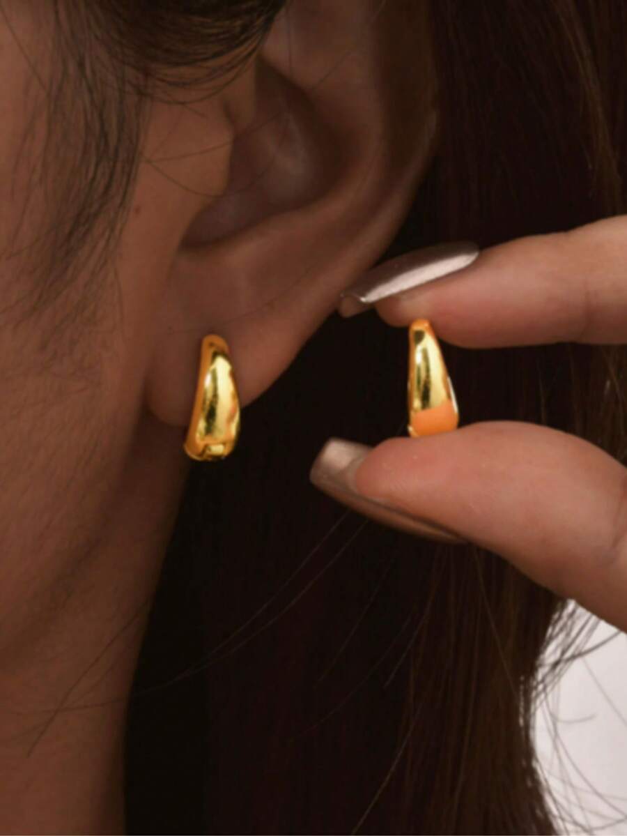 1对复古港式简约几何休闲商务优雅耳环 - 金色 - 查看 1