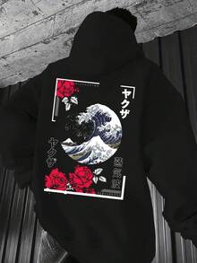 Sudadera con capucha para hombre, verde neón, con gráfico de la Gran Ola de Kanagawa y rosas rojas - Sudadera urbana con estampado de ola de Hokusai y kanji, capucha ajustable con cordón, bolsillo tipo canguro, jersey cómodo para primavera/otoño, moda urbana casual (corte regular) - Oscuro - Ver 1