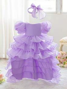 Baby Girls' Round Neck Multi-Layer Organza Cute Wedding Flower Girl Dress With Trailing, Suitable For Runway, Birthday Party - Mauve Purple - View 2
